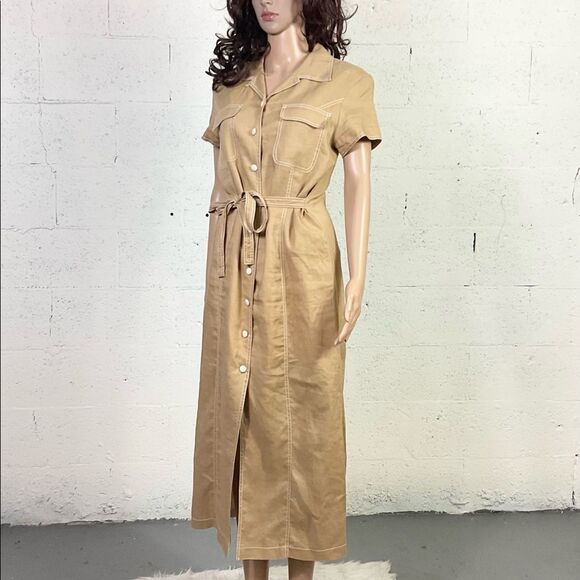 Cali Cali Tan Linen Vintage Button Front Belted Midi Safari Shirt Dress 8 - Picture 3 of 10